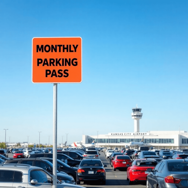 A bustling Kansas City Airport parking lot filled with cars under a clear blue sky, featuring a prominent "Monthly Parking Pass" sign and the airport terminal in the background.